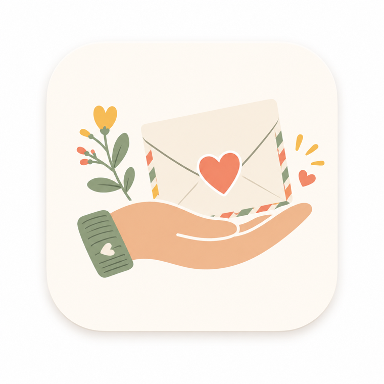 A hand offering a heart-sealed envelope with flowers and happy mail accents.